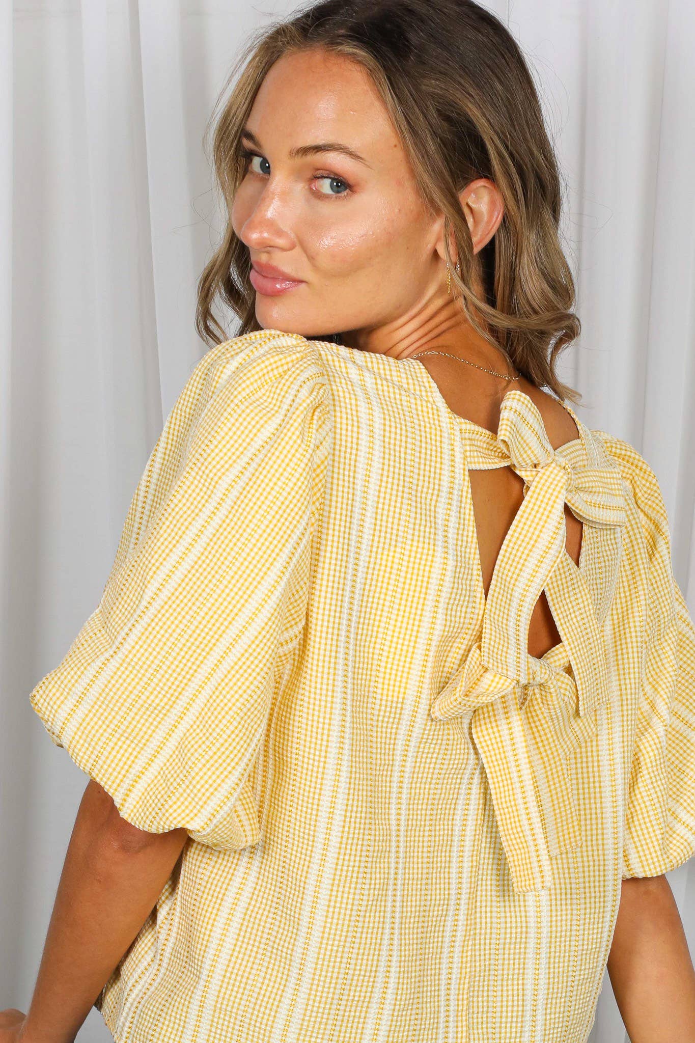 V-Back 2 Bow Accent Feminine Plaid Blouse Top VT82621C