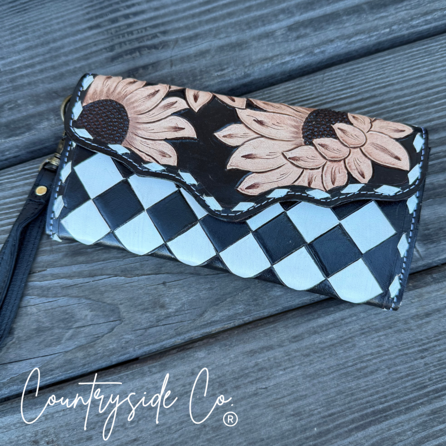 Sunflower Checkered Leather Wallet Wristlet