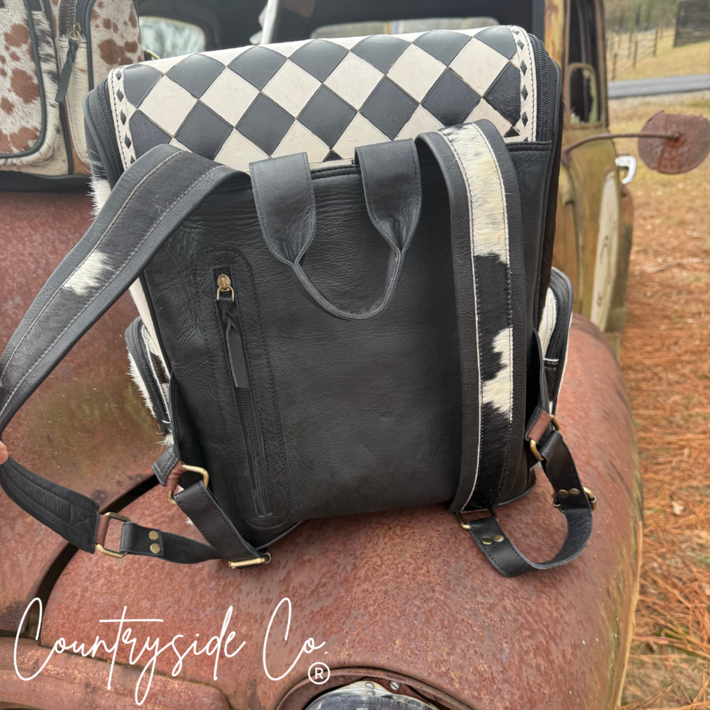 Checkered Cowhide Backpack Laptop Bag, travel bag