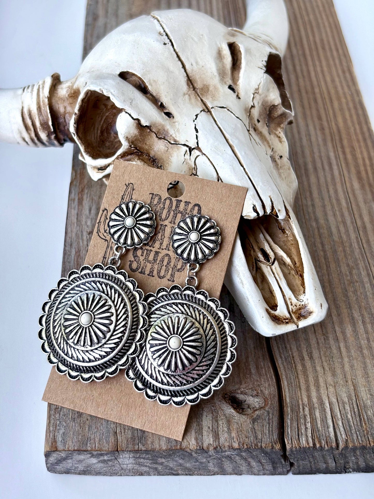 Western Round Concho w/ Stone Statement Post Drop Earrings
