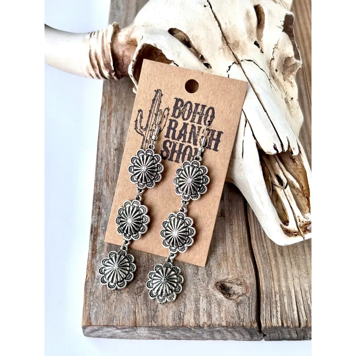 3 Tier Western Rectangle Concho Drop Dangle Earrings