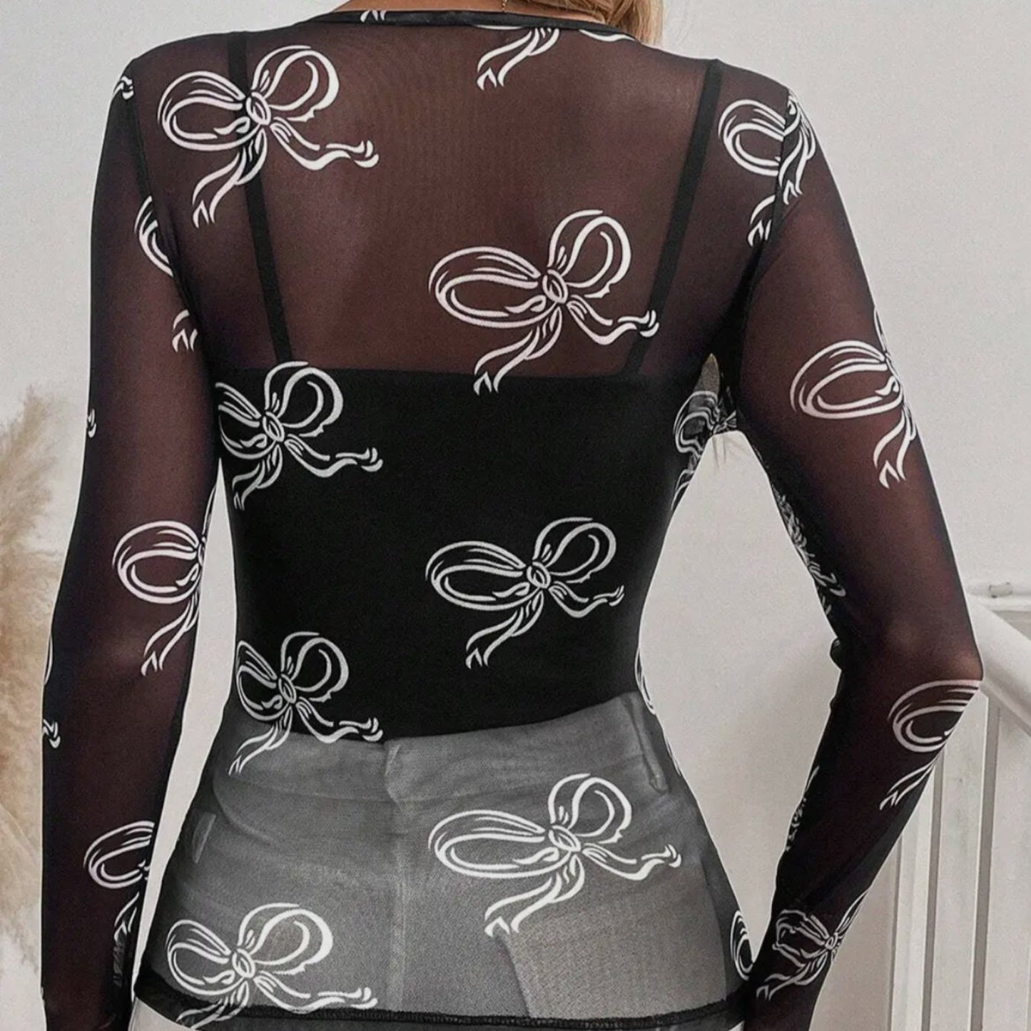 Bow Long Sleeve Mesh Top