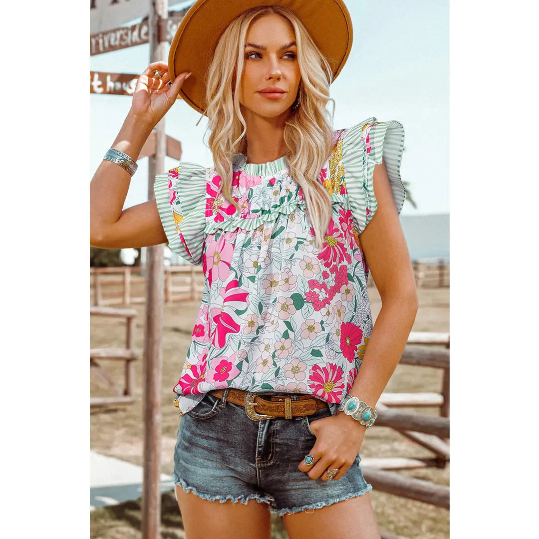 Fashion Floral Contrast Ruffle Trim Short Sleeve Boho Blouse