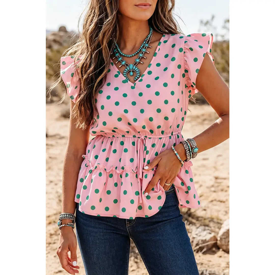 V Neck Polka Dot Print Drawstring Tiered Babydoll Blouse