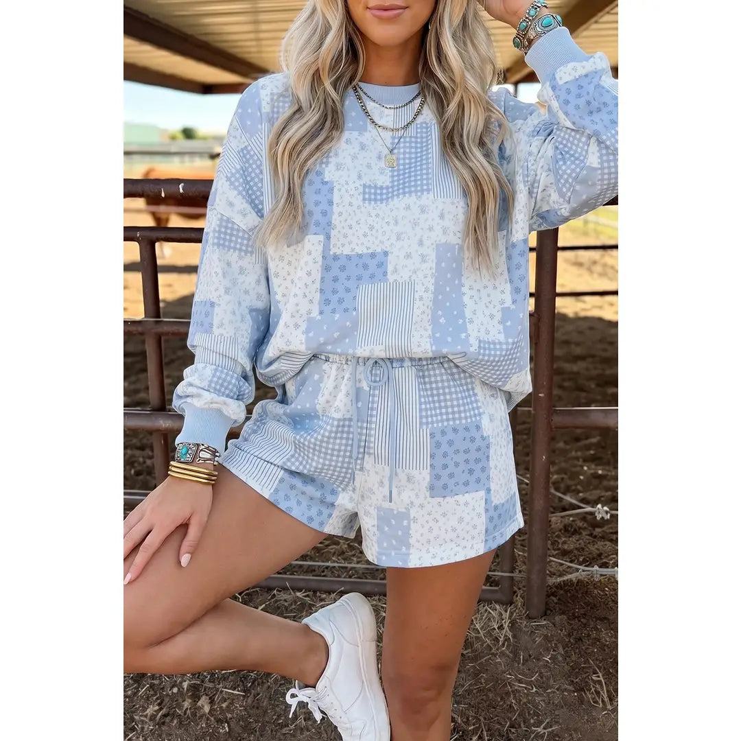 Full Size Floral Long Sleeve Baggy Pullover 2pcs Shorts Set