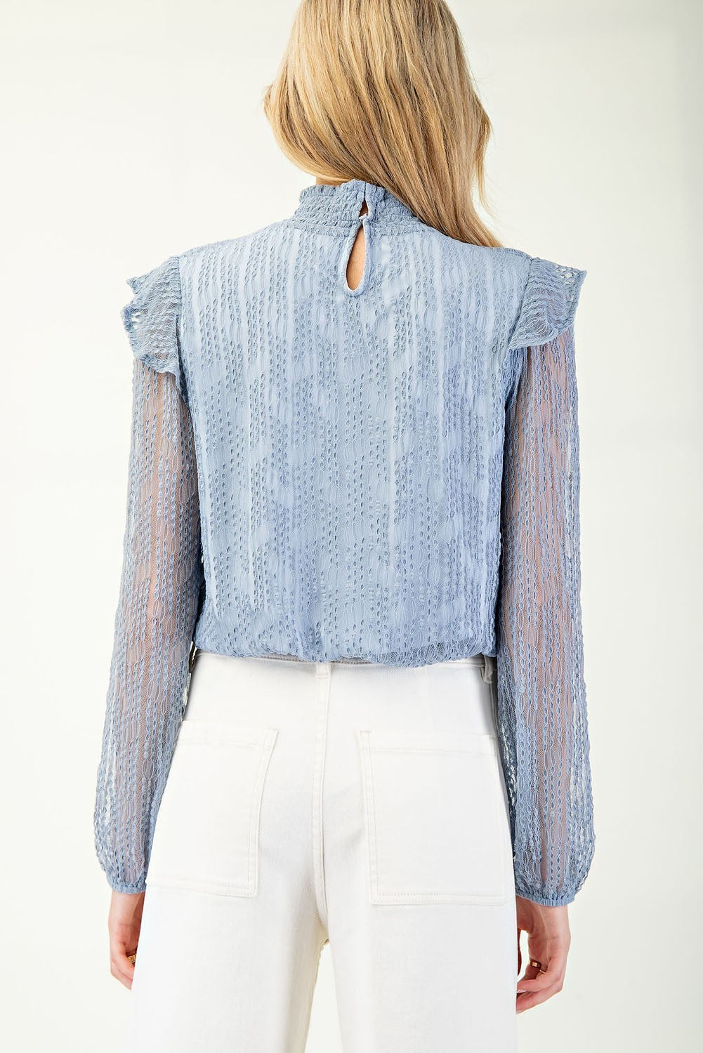 Sheer Long Sleeve Mock Neck Top