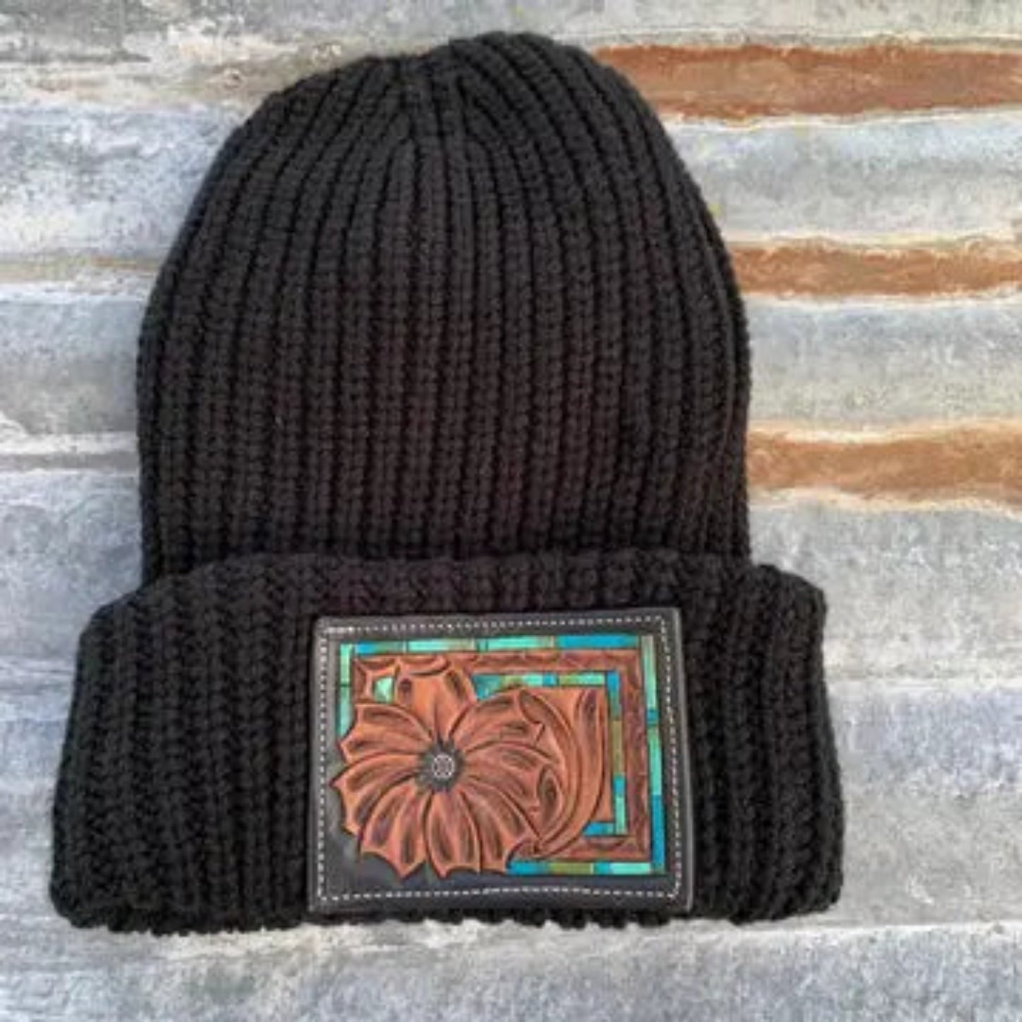 Daisy Tooled Leather Patch Beanie Wester Cowgirl