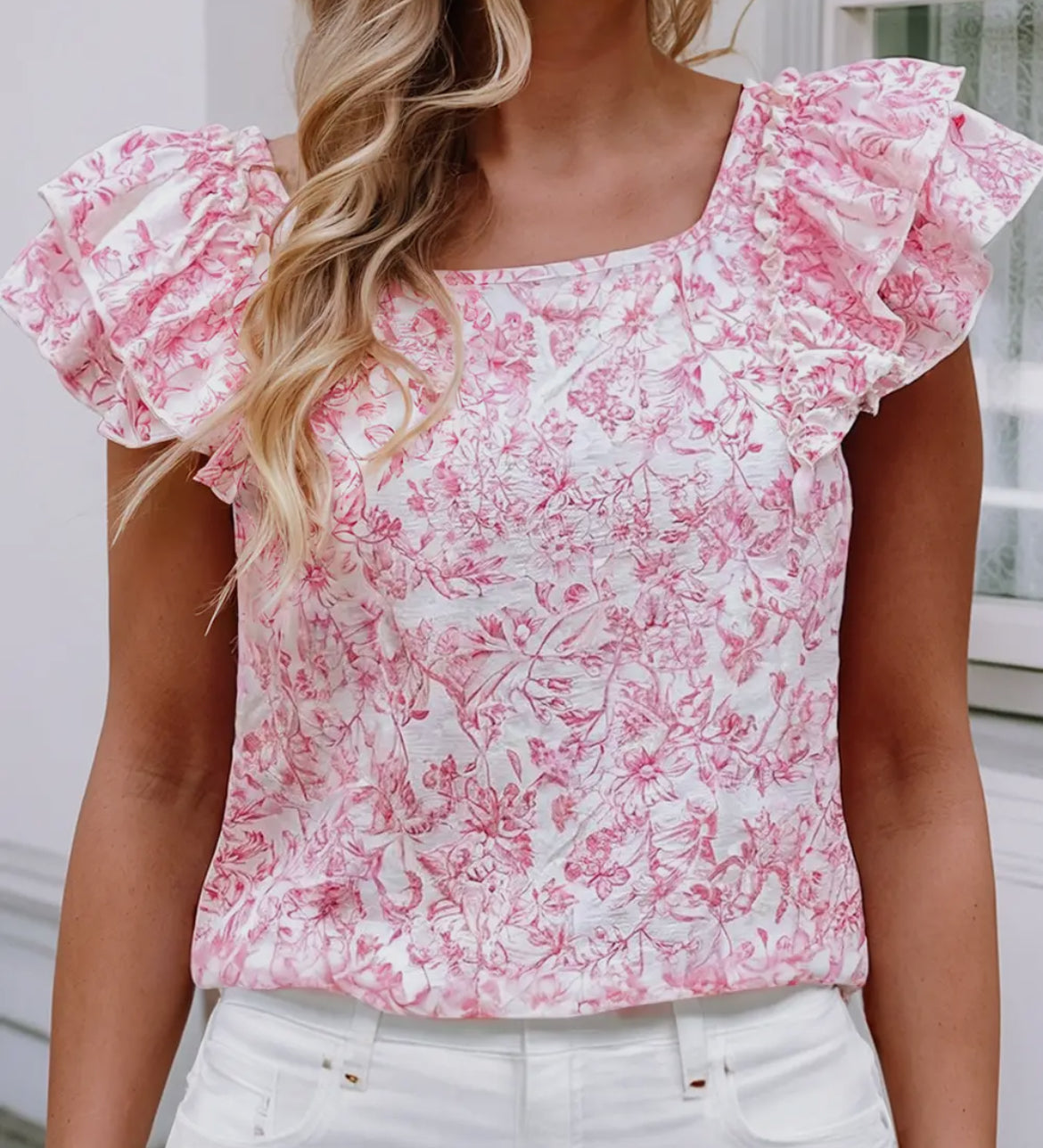 Floral Ruffle Sleeve Square Neck Bow Blouse