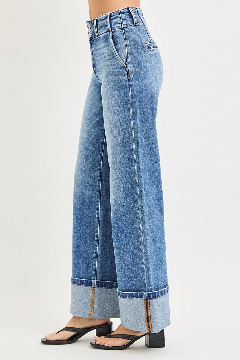 HIGH RISE WIDE LEG JEANS WITH CUFFED HEM