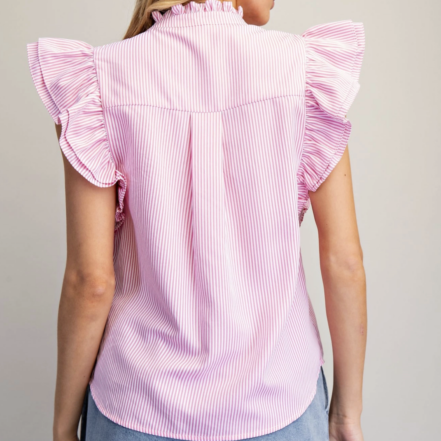 Striped Button Down Ruffle Trim Blouse