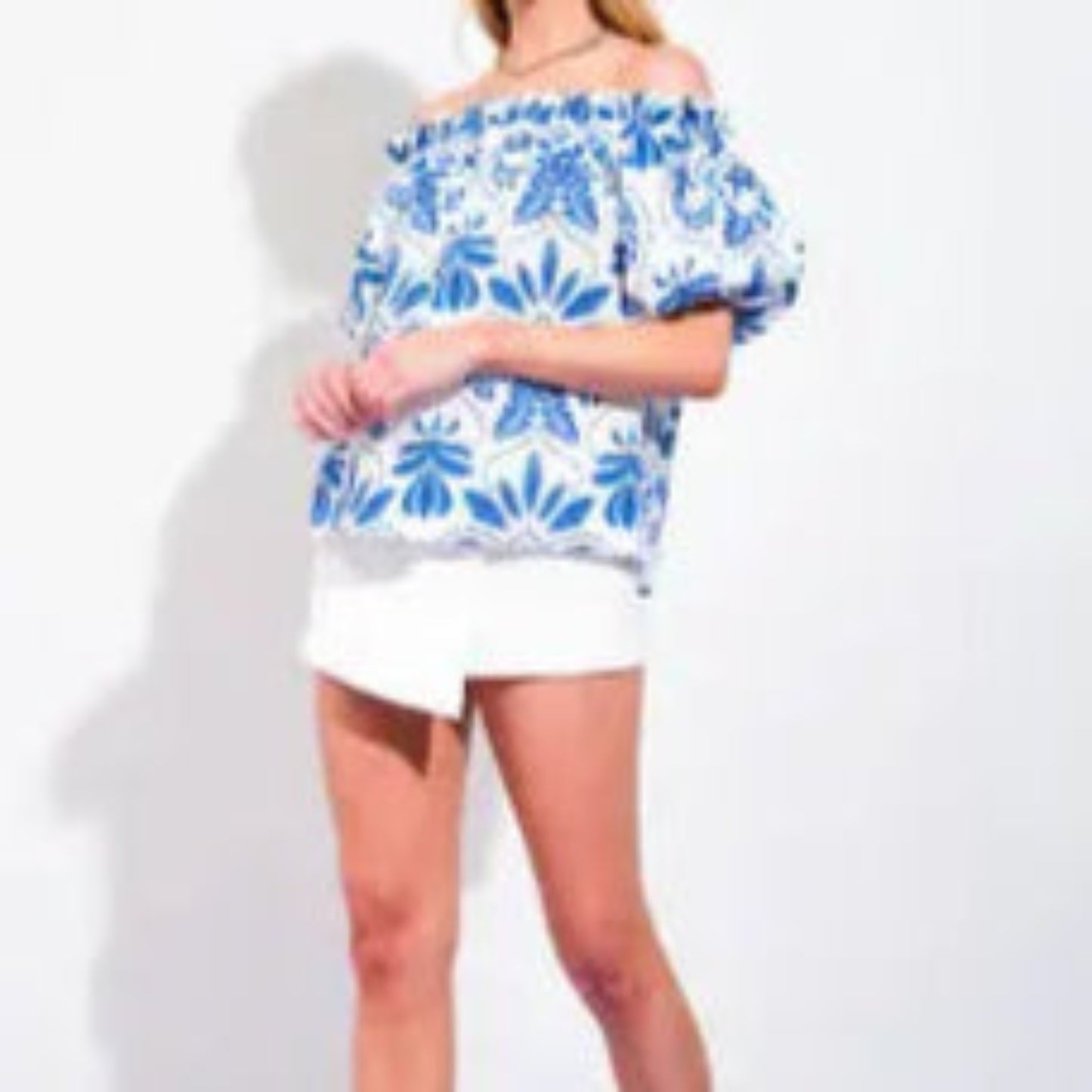 White and Blue Contemporary Off the Shoulder Top
