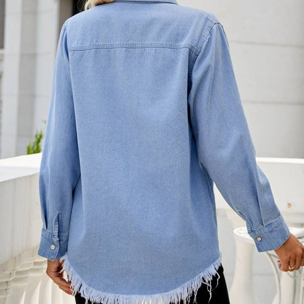 Distressed Denim Long Sleeve Pocket Shirt