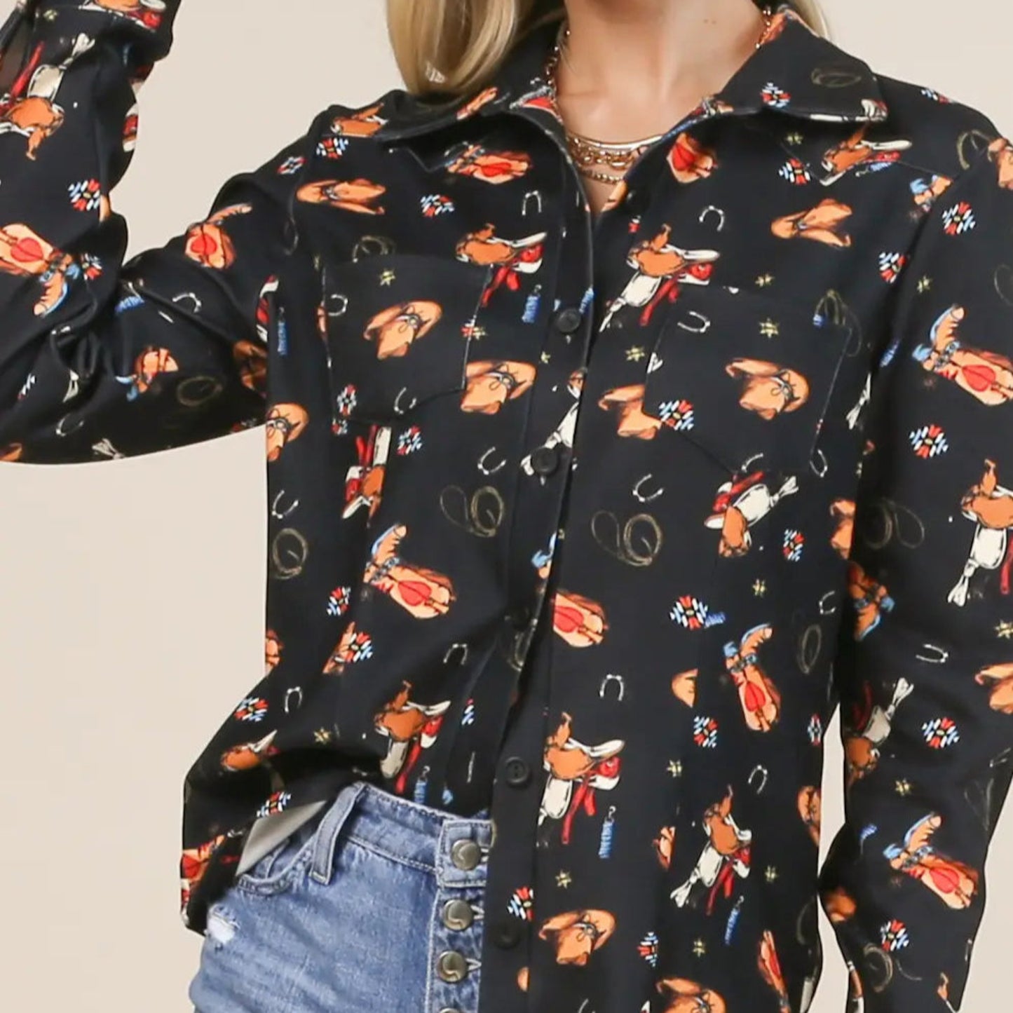 Cowboy Riding Saddle Mix Print Button Down Top