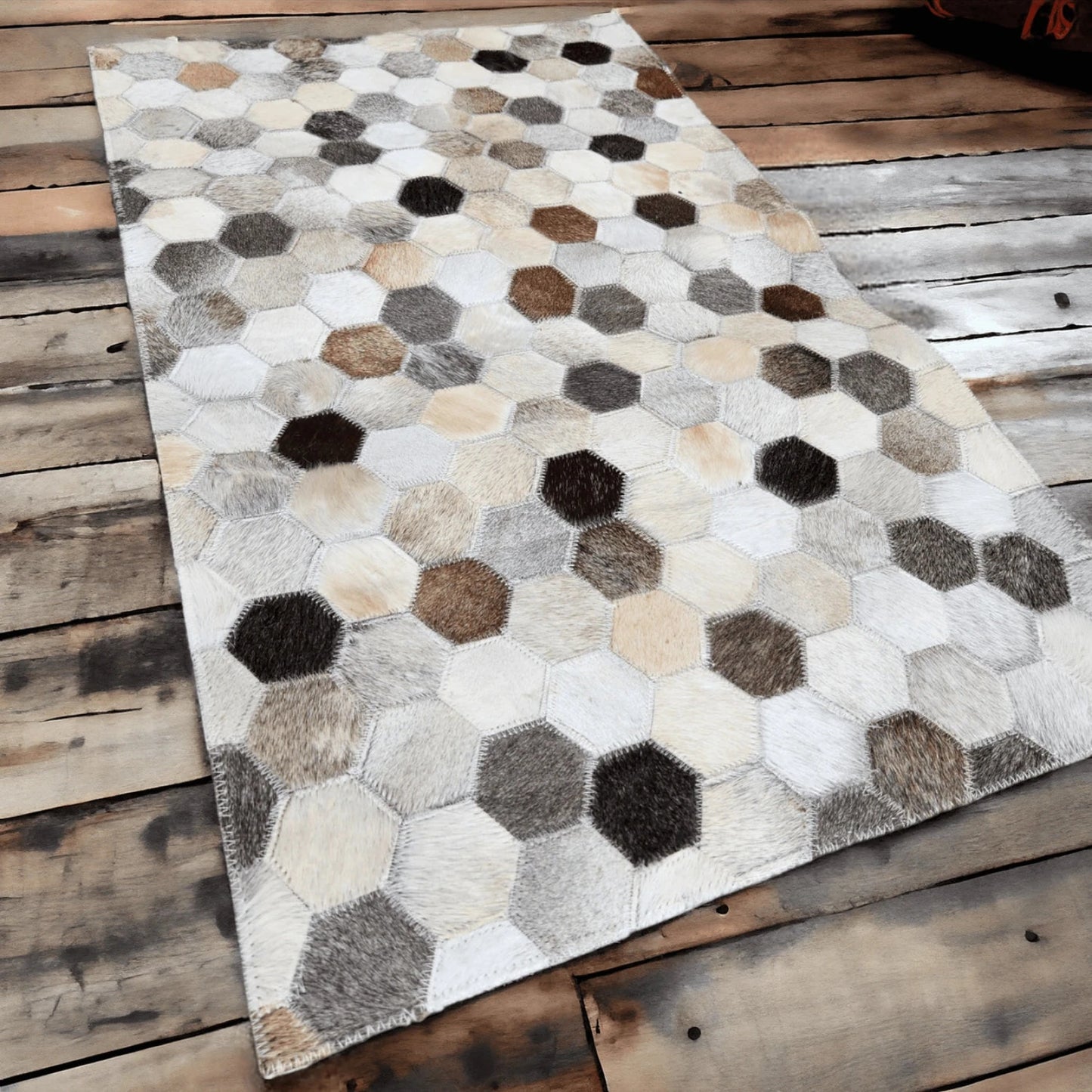 21" X 36" Hexagon Pattern Genuine Cowhide Rug