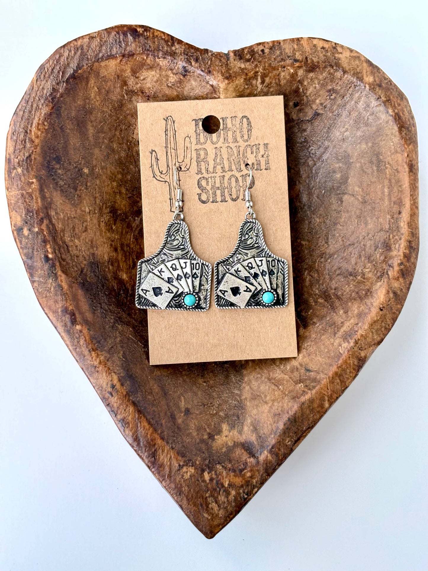 Western Playing Card with Stone Drop Dangle Earrings
