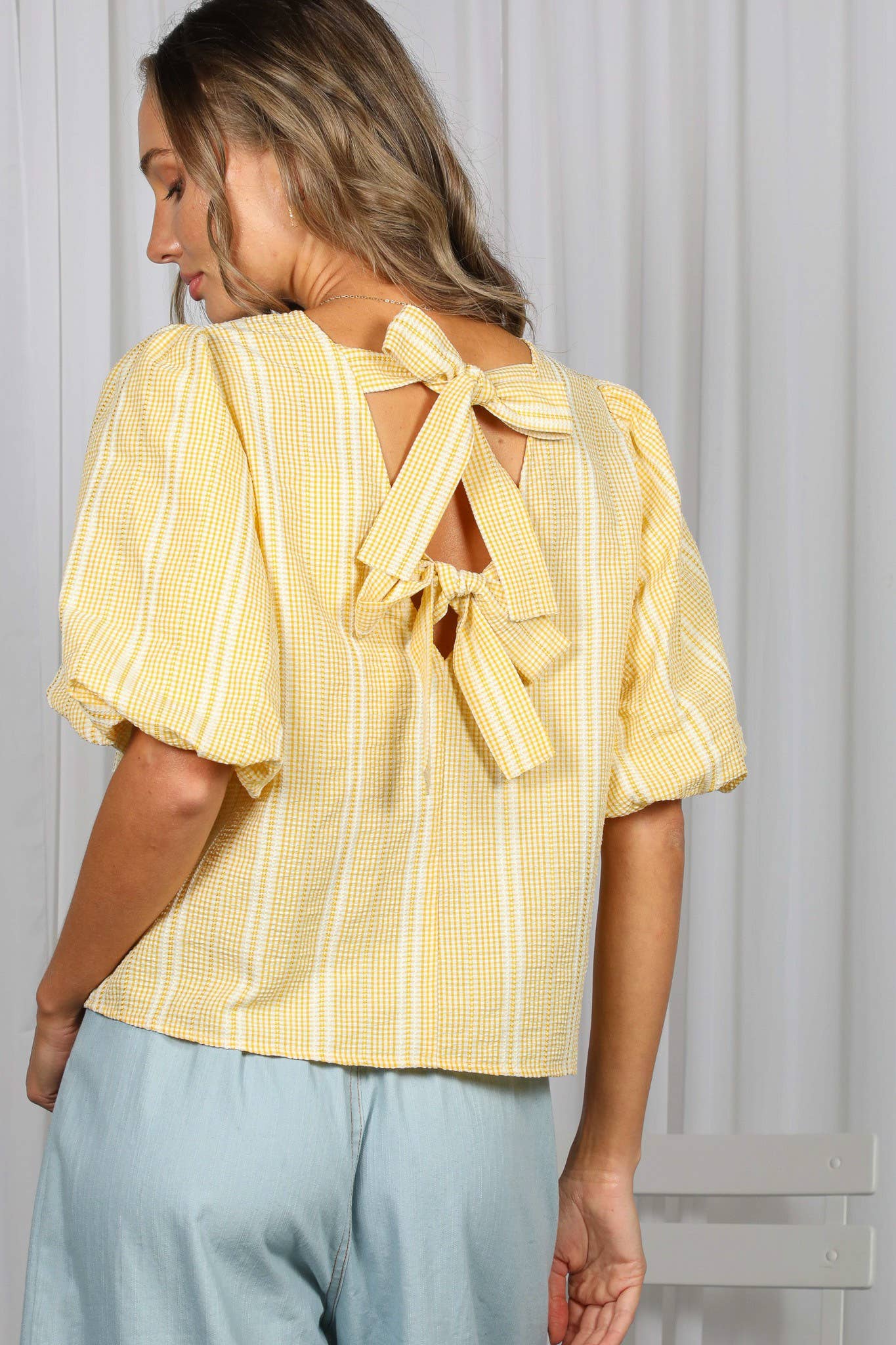 V-Back 2 Bow Accent Feminine Plaid Blouse Top VT82621C