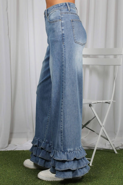 Flared Ruffle Hem Cropped Pants Denim Jeans