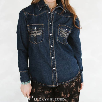 Dark Wash Contrast Boot Stitched Pearl Snap Denim Shirt