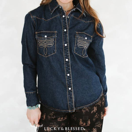 Dark Wash Contrast Boot Stitched Pearl Snap Denim Shirt