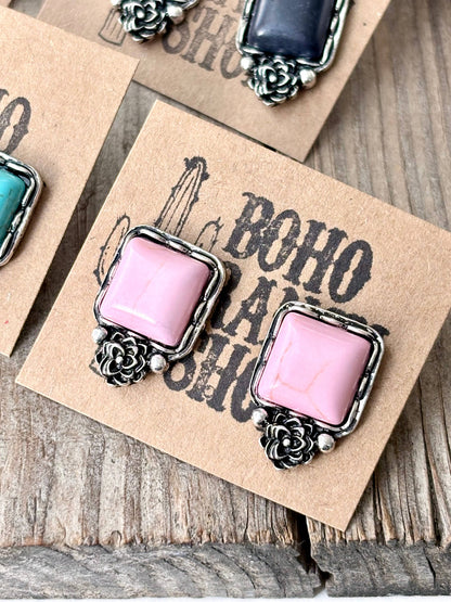 Western Style Square Stone & Flower Stud Earrings