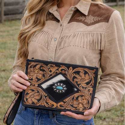Sagebrush Tooled Leather Handbag, Wristlet