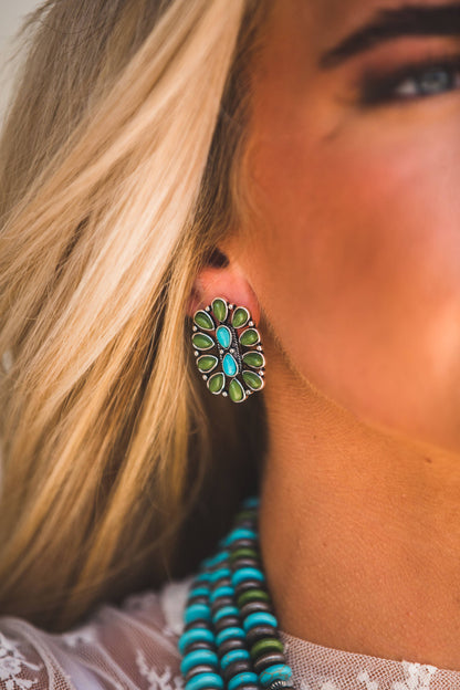 1.25" Turquoise and Green Oval Cluster Post Earring