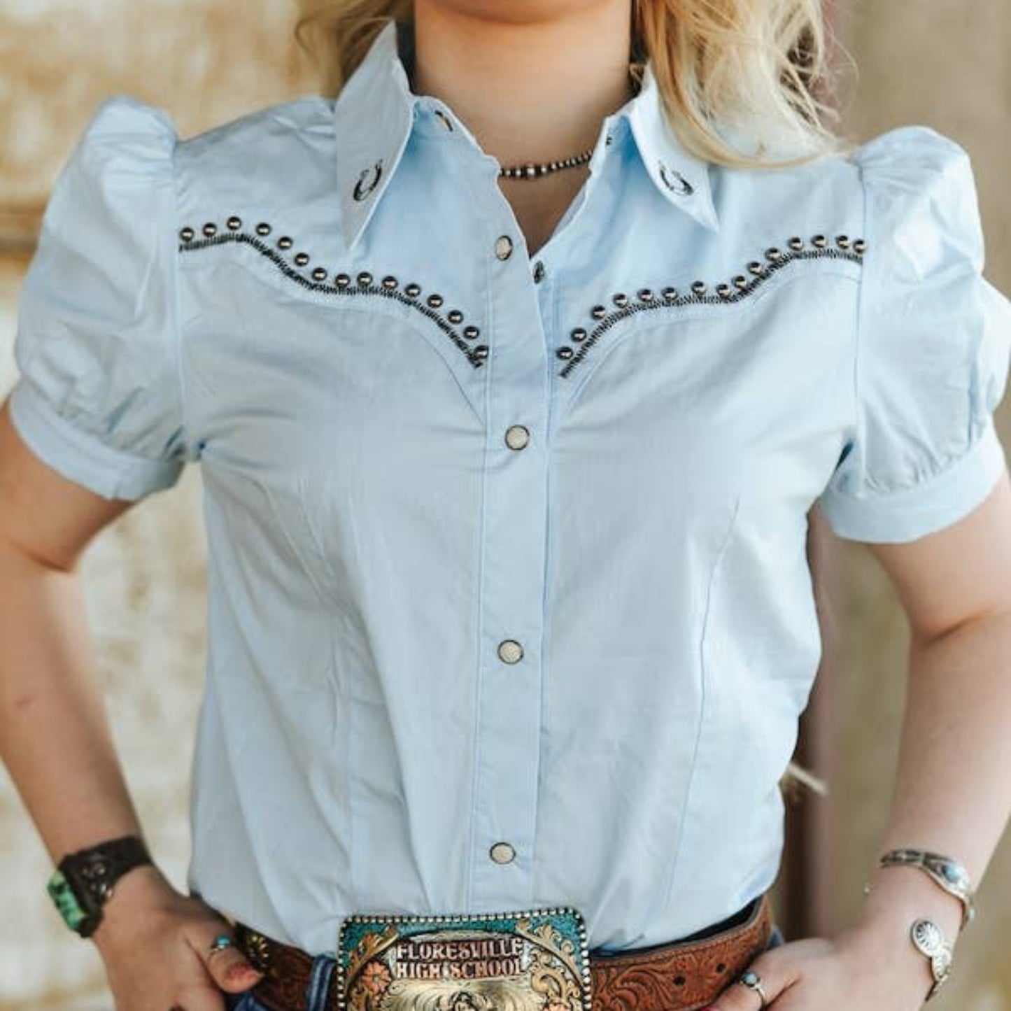 LightBlue Studded Contrast Embroidered Puff ButtonDown Shirt