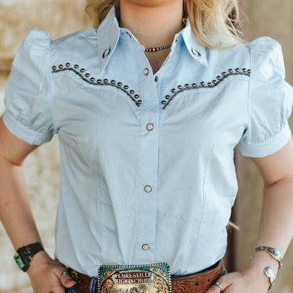 LightBlue Studded Contrast Embroidered Puff ButtonDown Shirt