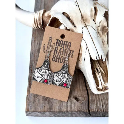 Western Playing Card with Stone Drop Dangle Earrings