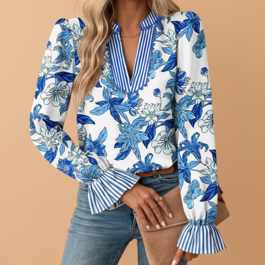 Floral Stripe Patchwork Flounce Sleeve Blouse