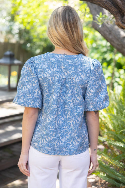 Short Bubble Sleeve Floral Jacquard Top