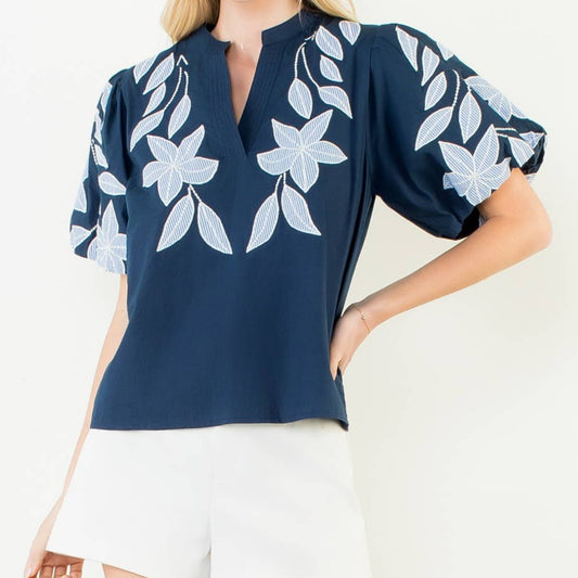Puff Sleeve Floral Embroidery V-Neck Top