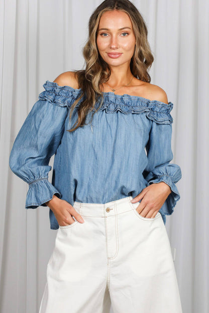 Casual Off The Shoulder Chambray Denim Blouse VT83373