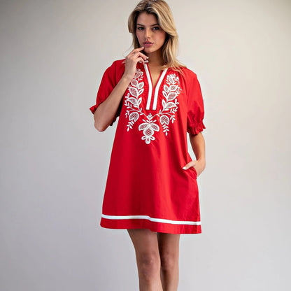 Floral Embroidered Notched Neck Mini Dress
