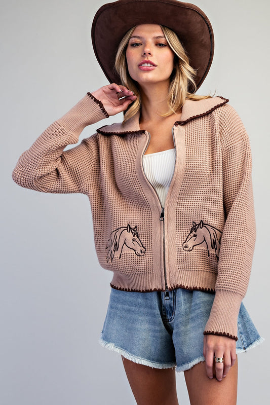 Horse Zip Up Waffle Knit Jacket