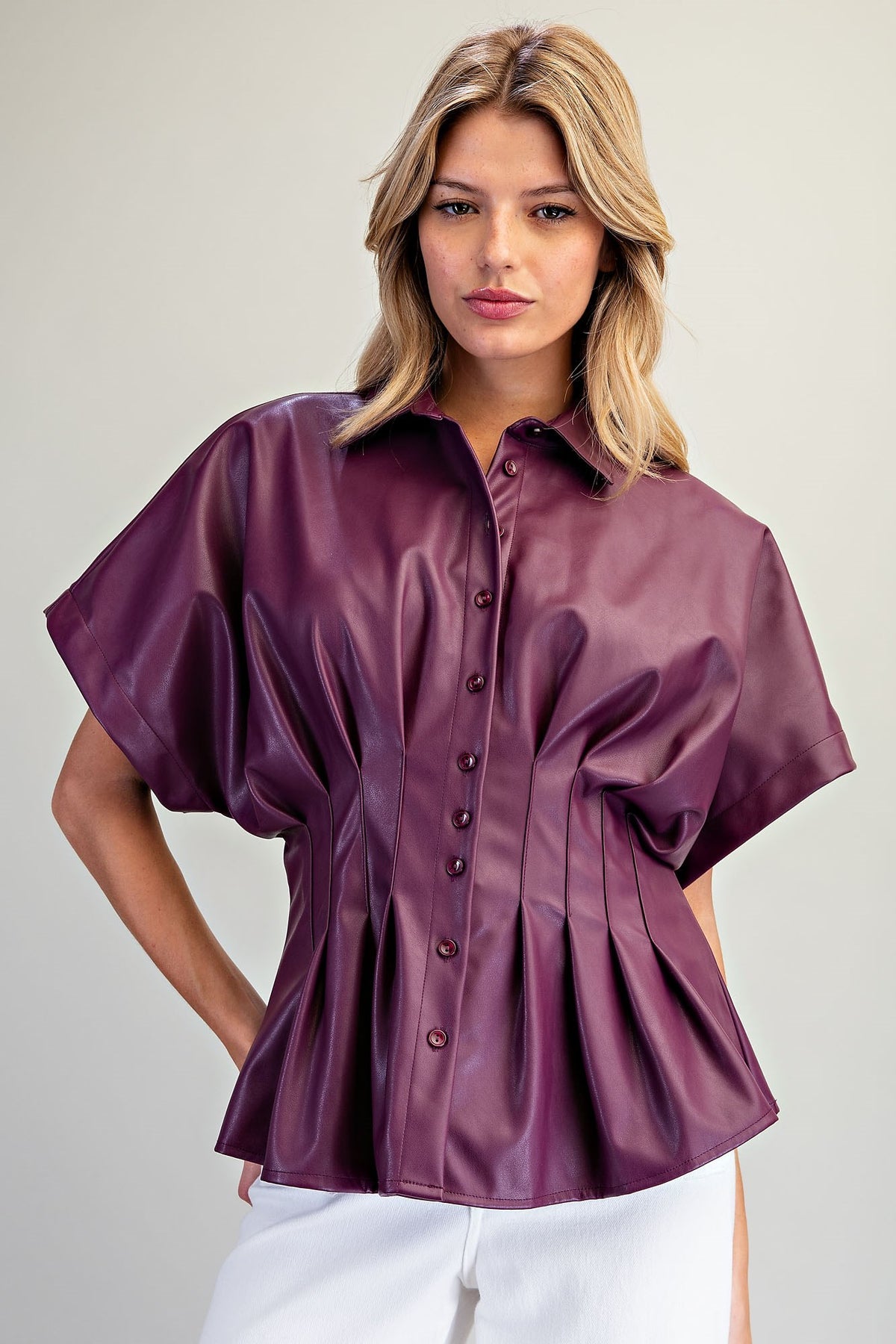 Pleather Cinched Waist Button Up Top