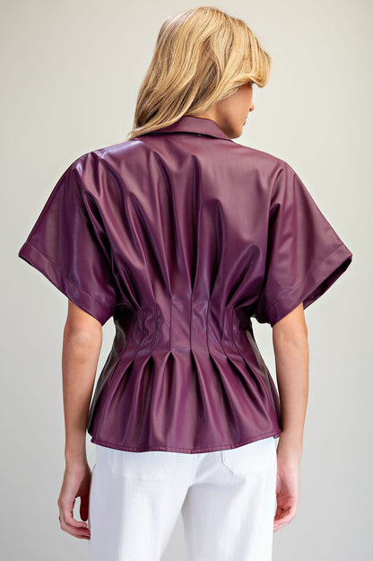 Pleather Cinched Waist Button Up Top