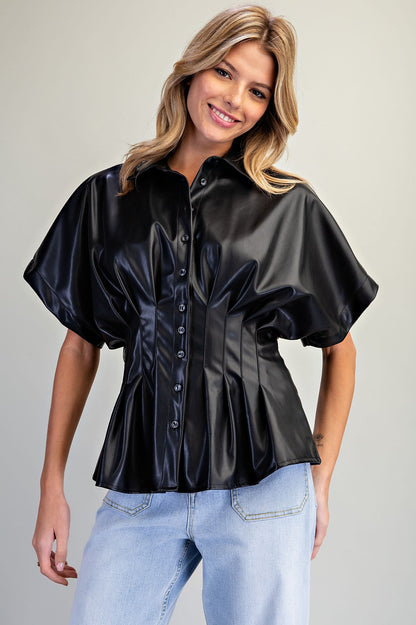 Pleather Cinched Waist Button Up Top