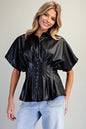 Pleather Cinched Waist Button Up Top