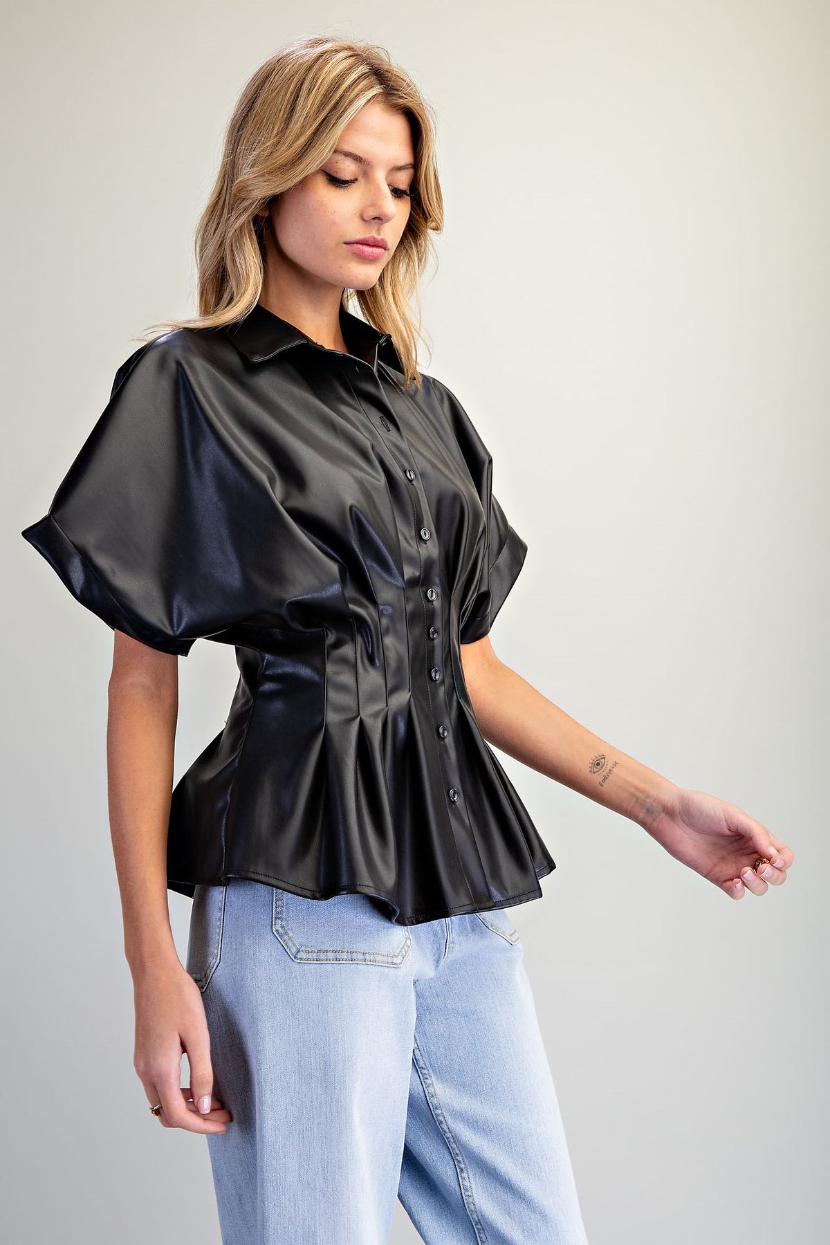 Pleather Cinched Waist Button Up Top