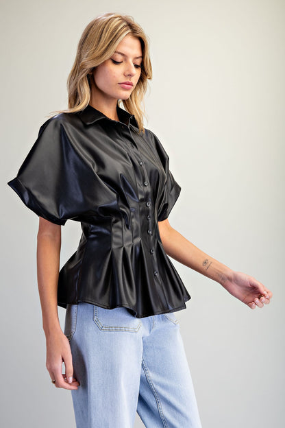 Pleather Cinched Waist Button Up Top
