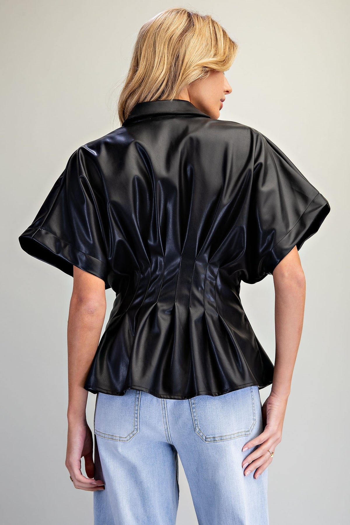 Pleather Cinched Waist Button Up Top