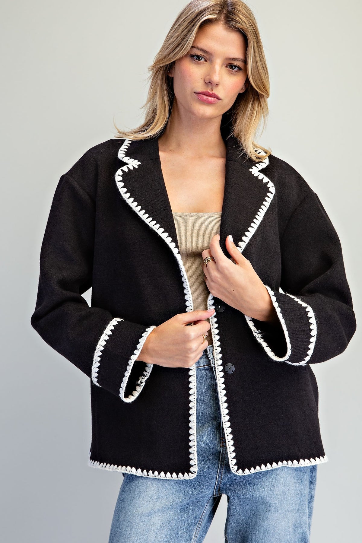 Contrast Trim Notch Lapel Jacket