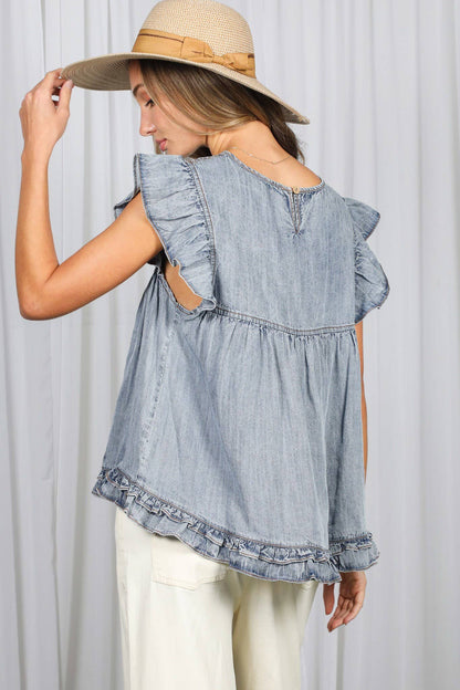 Ruffle Accent Short Sleeve Chambray Denim Top