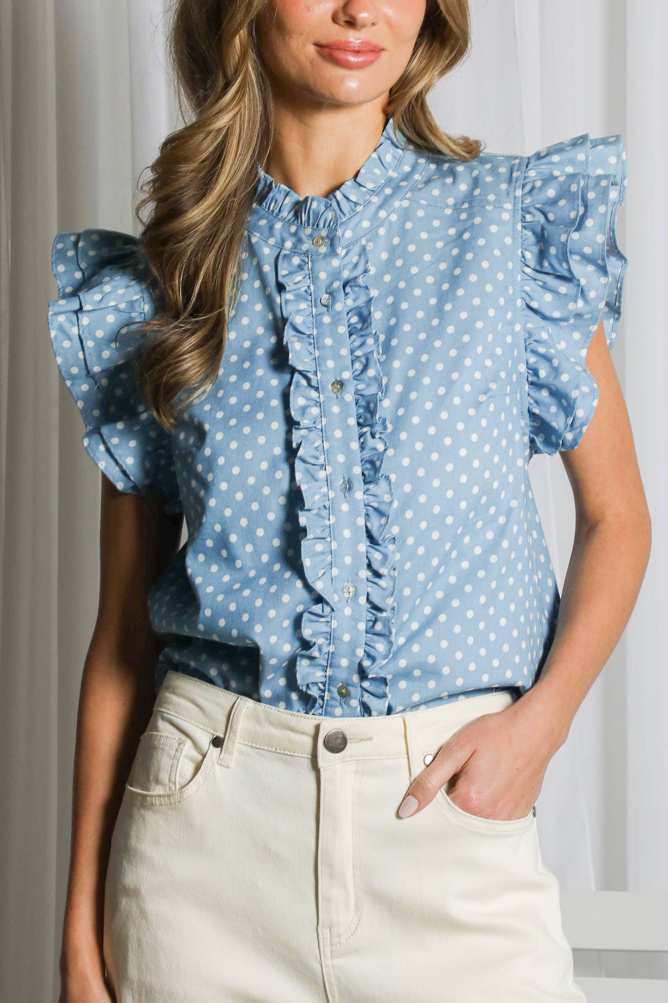 Playful Polka Dot Ruffle Accent Sleeve Shirt Top VT83115D