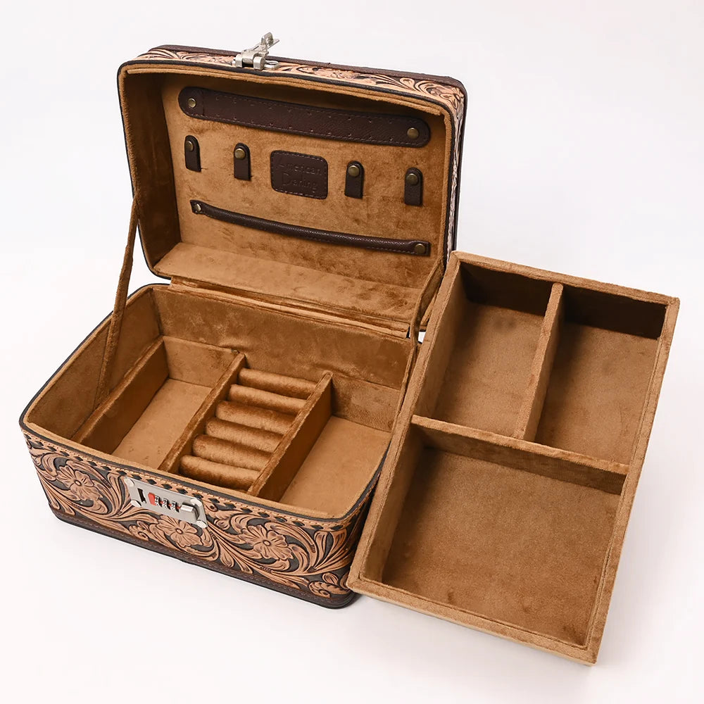 American Darling Artisan Hand Tooled Leather Locking Jewelry Case