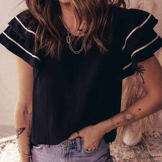 Contrast Trim Dual Ruffle Short Sleeve Textured Blouse