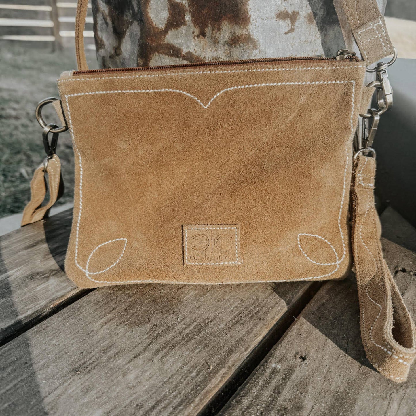 Becca Boot Stitch Suede Leather Purse with Wristlet