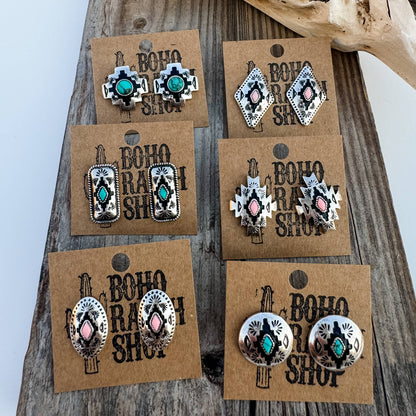 Western Hand Stone Aztec Post Earrings - turquoise pink