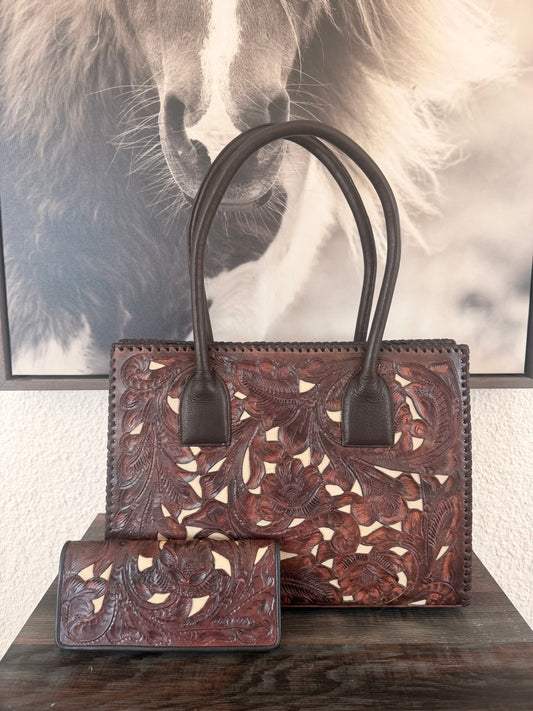 Dark Brown & Ivory Inlay Tooled Leather Juan Antonio Wallet
